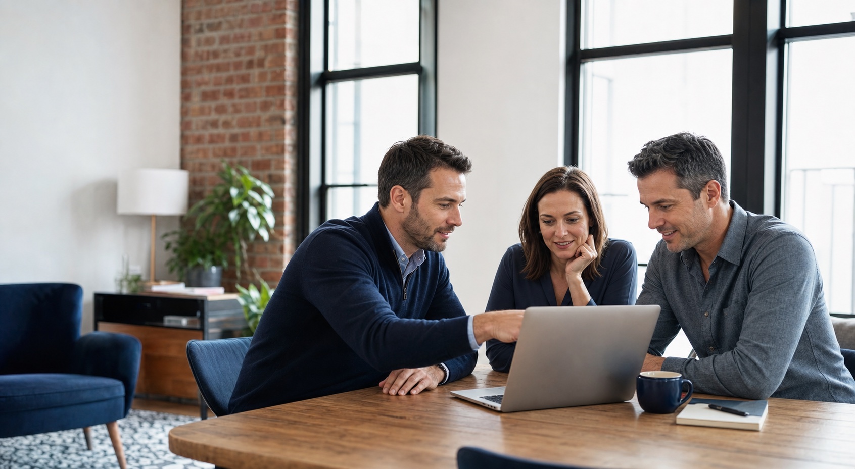 A Blue Raven IT technology consultant helping local business owners around a laptop
